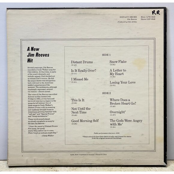 Jim Reeves Distant Drums Country Vinyl LP RCA Mono LPM-3542 - Picture 6 of 7